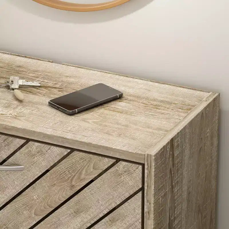 Schuhschrank mit brauner Holzmaserung, 3 Schubladen zum Aufklappen, durchbrochenes Design