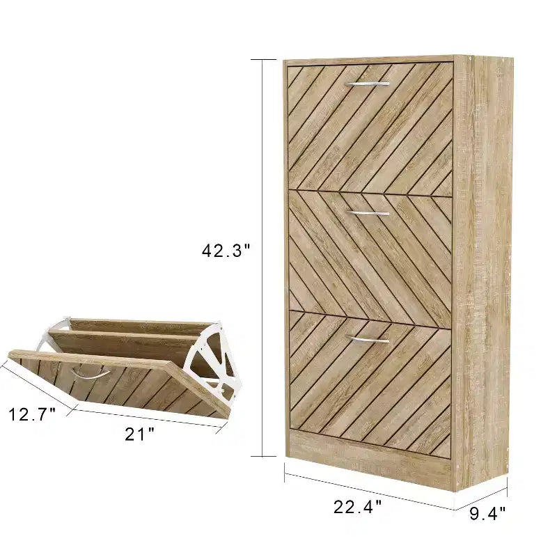 Schuhschrank mit brauner Holzmaserung, 3 Schubladen zum Aufklappen, durchbrochenes Design