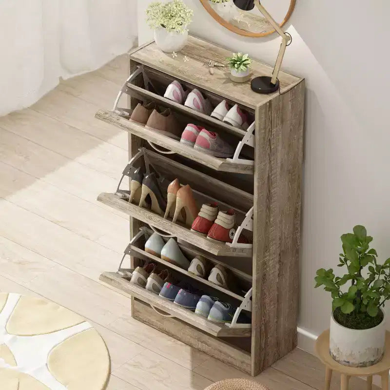 Schuhschrank mit brauner Holzmaserung, 3 Schubladen zum Aufklappen, durchbrochenes Design