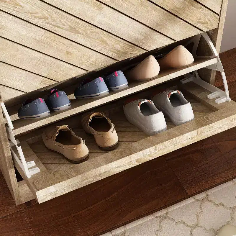 Schuhschrank mit brauner Holzmaserung, 3 Schubladen zum Aufklappen, durchbrochenes Design