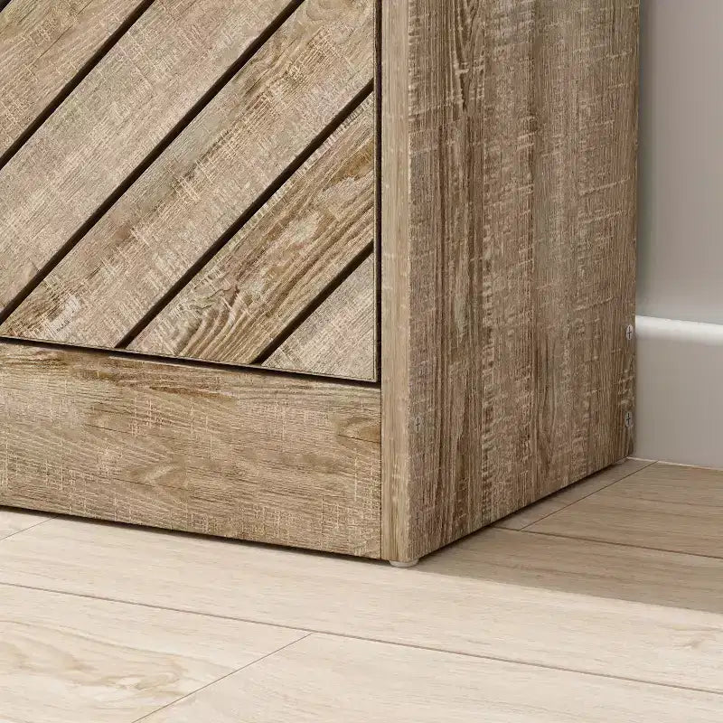 Schuhschrank mit brauner Holzmaserung, 3 Schubladen zum Aufklappen, durchbrochenes Design