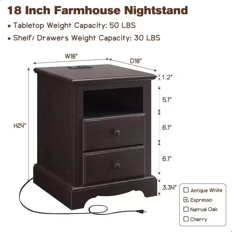 18 Vintage-Nachttisch mit Ladestation, Beistelltisch mit 2 Schubladen für Schlafzimmer oder Wohnzimmer