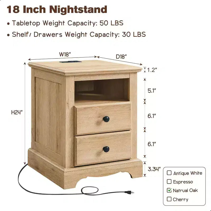 18 Vintage-Nachttisch mit Ladestation, Beistelltisch mit 2 Schubladen für Schlafzimmer oder Wohnzimmer