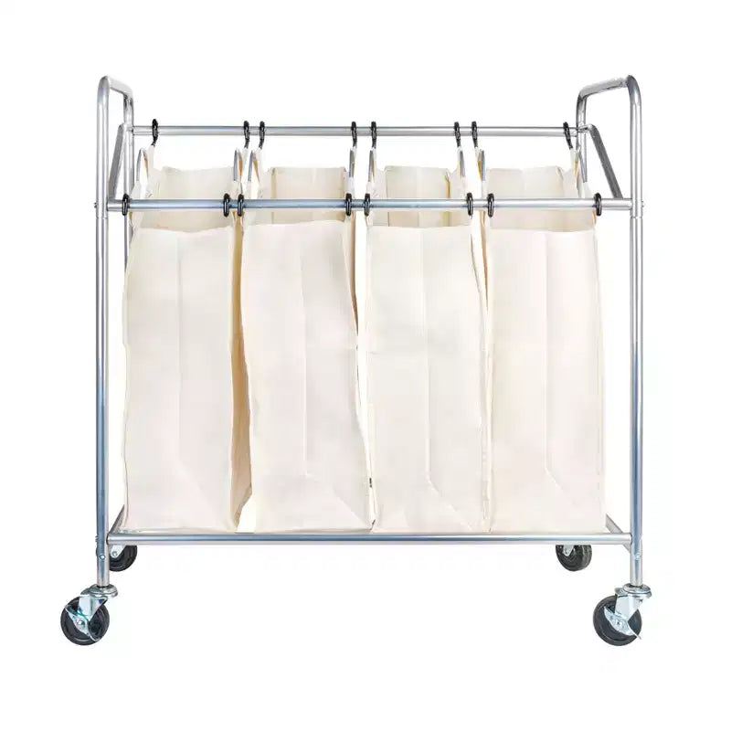 Trieur à linge robuste à 4 compartiments sur roulettes, chariot de tri du linge avec 4 sacs lavables et amovibles, chromé