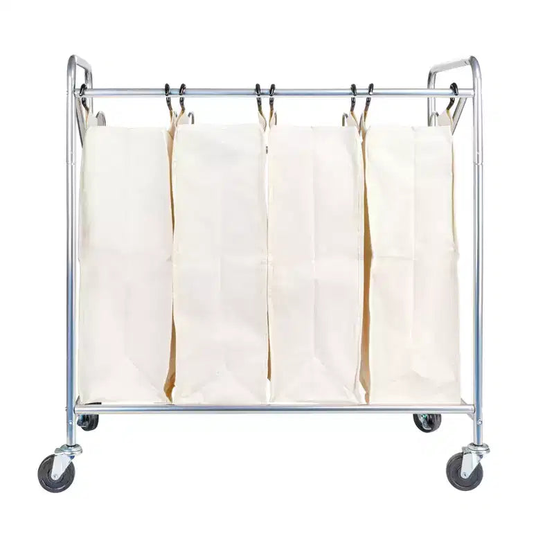 Trieur à linge robuste à 4 compartiments sur roulettes, chariot de tri du linge avec 4 sacs lavables et amovibles, chromé