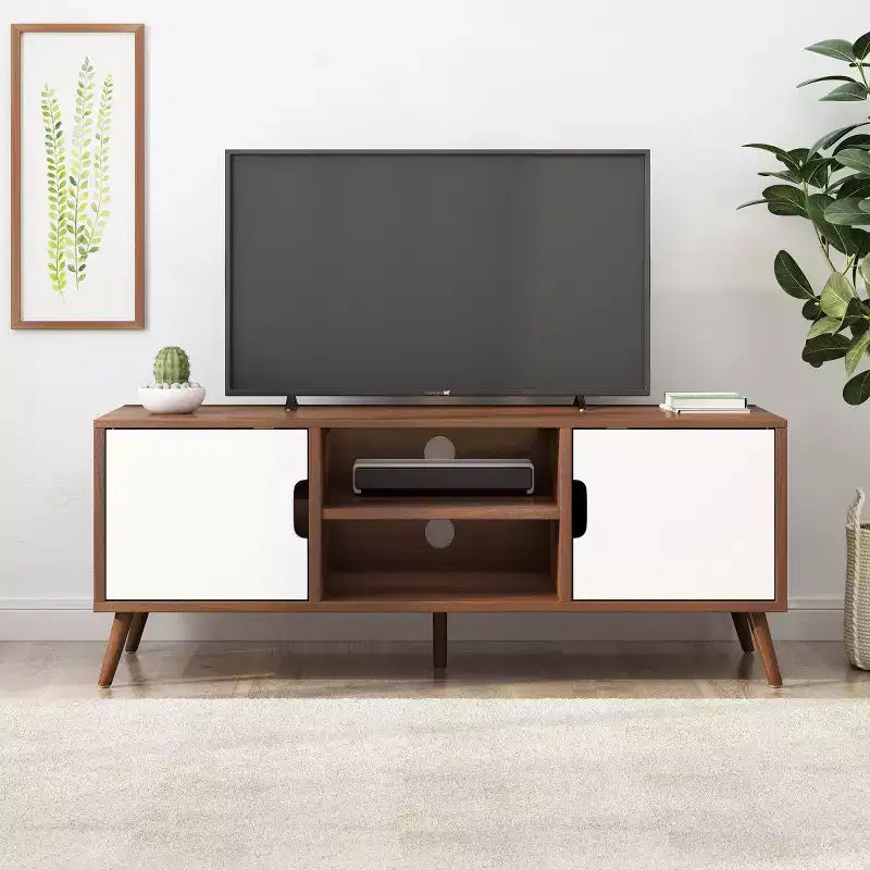 Meuble TV en bois de 47,25 avec 2 placards, noyer et blanc