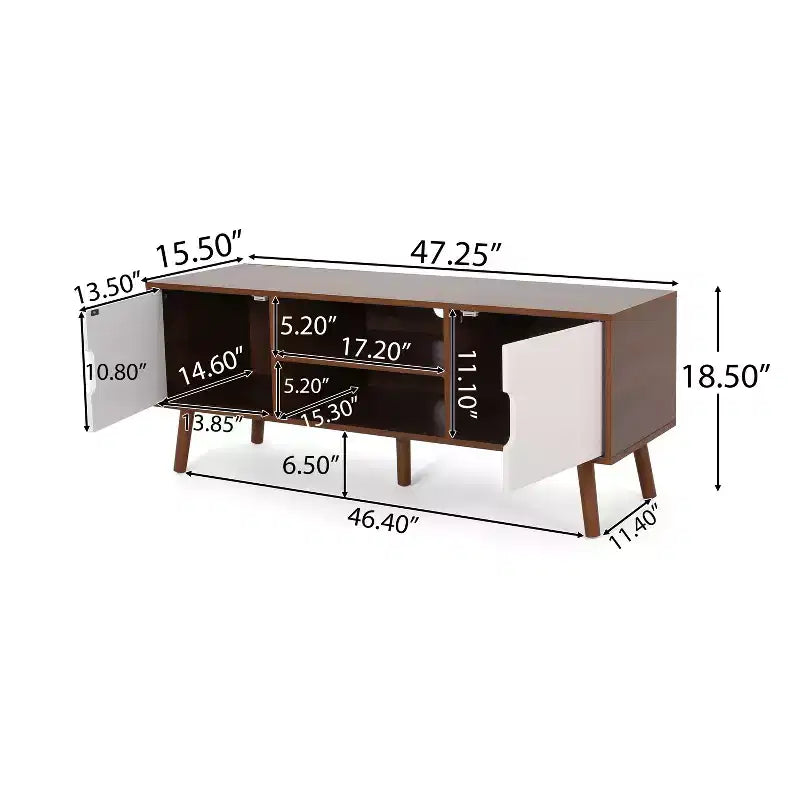 Meuble TV en bois de 47,25 avec 2 placards, noyer et blanc