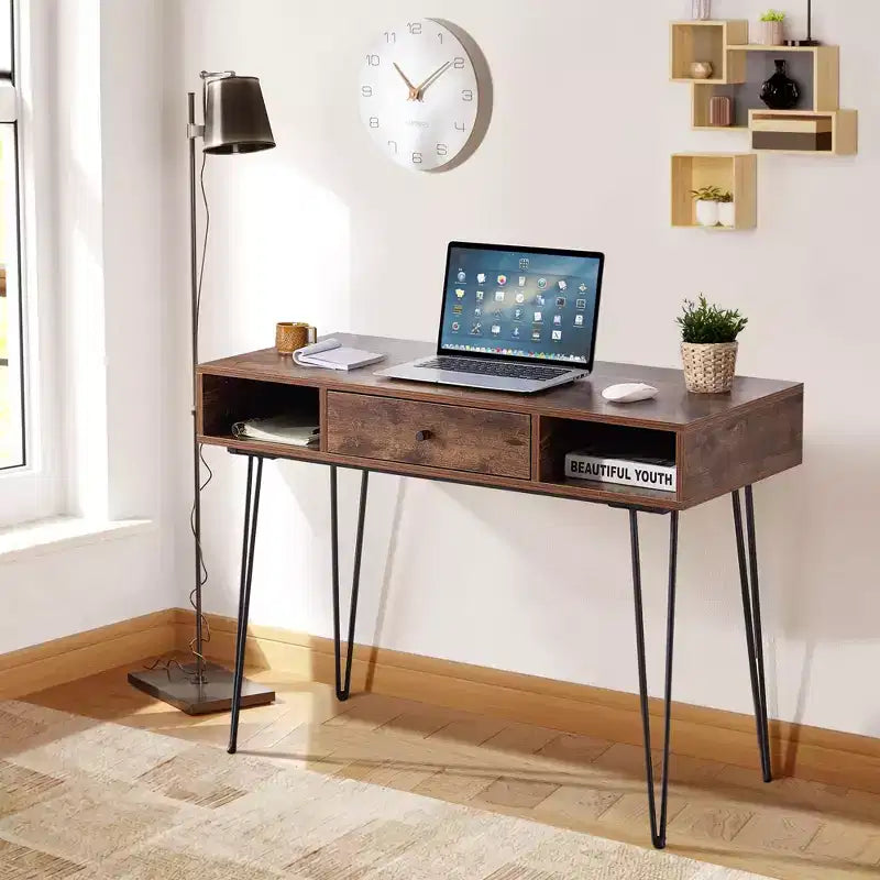 39.3 Computertisch für das Homeoffice, Schreibtisch mit Schubladen, Schwarz/Braun/Grau