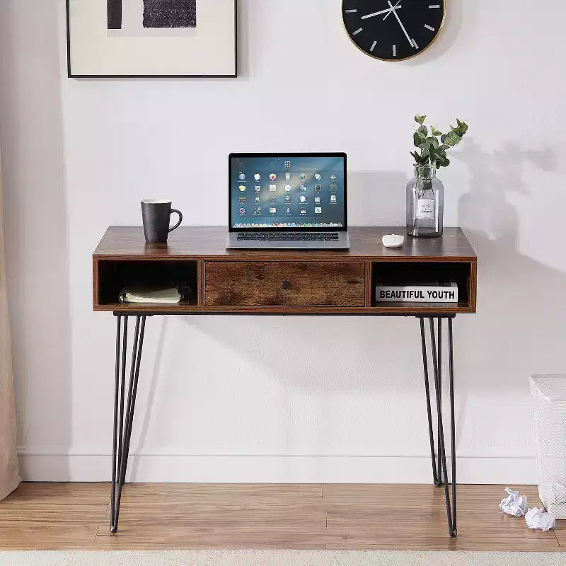 39.3 Computertisch für das Homeoffice, Schreibtisch mit Schubladen, Schwarz/Braun/Grau