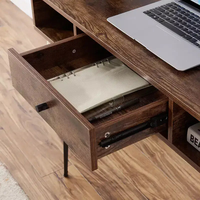 39.3 Computertisch für das Homeoffice, Schreibtisch mit Schubladen, Schwarz/Braun/Grau