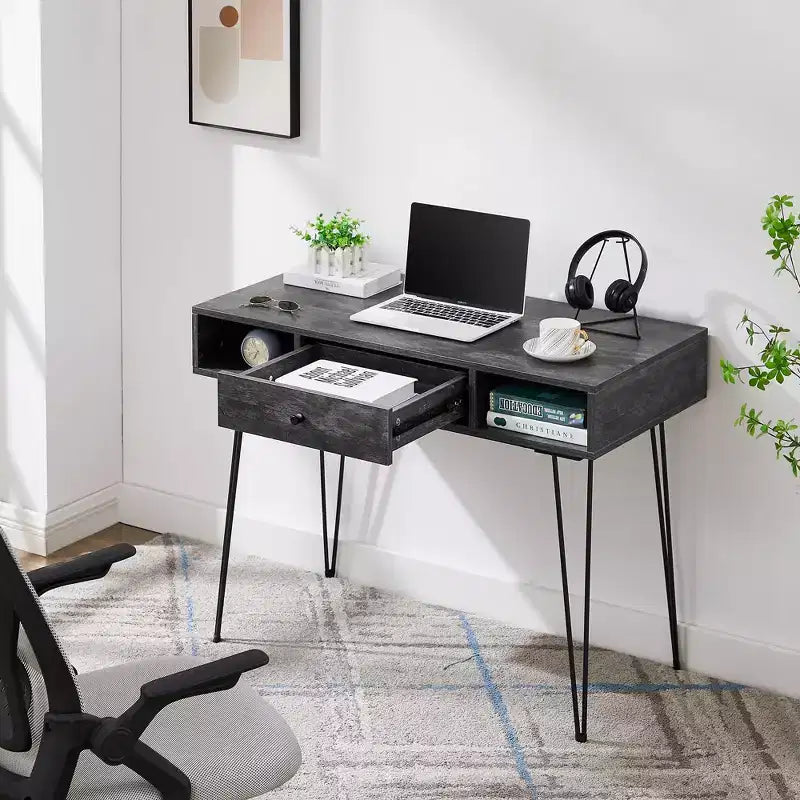 39.3 Computertisch für das Homeoffice, Schreibtisch mit Schubladen, Schwarz/Braun/Grau