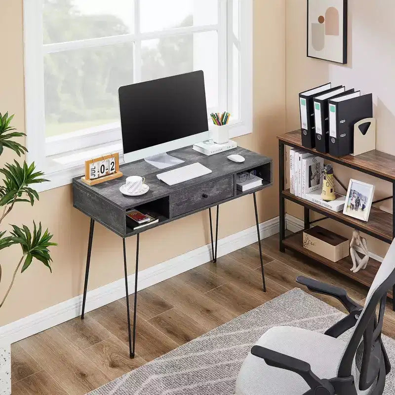 39.3 Computertisch für das Homeoffice, Schreibtisch mit Schubladen, Schwarz/Braun/Grau