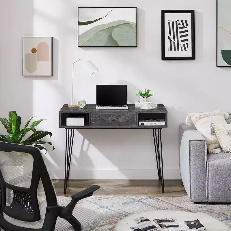 39.3 Computertisch für das Homeoffice, Schreibtisch mit Schubladen, Schwarz/Braun/Grau