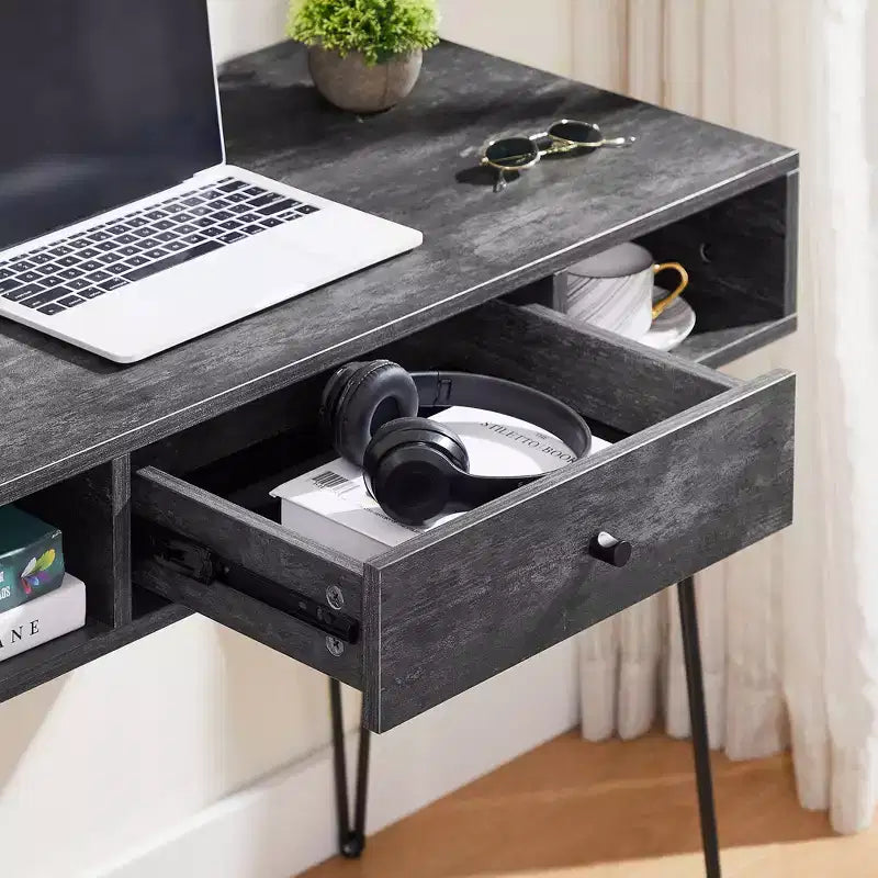 39.3 Computertisch für das Homeoffice, Schreibtisch mit Schubladen, Schwarz/Braun/Grau