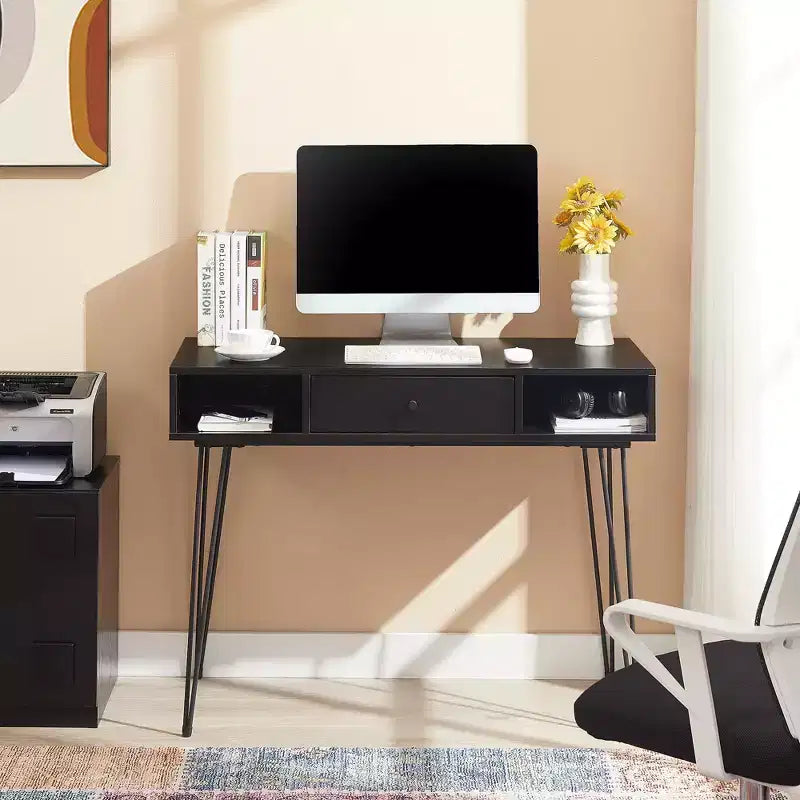 39.3 Computertisch für das Homeoffice, Schreibtisch mit Schubladen, Schwarz/Braun/Grau