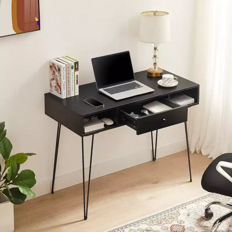 39.3 Computertisch für das Homeoffice, Schreibtisch mit Schubladen, Schwarz/Braun/Grau