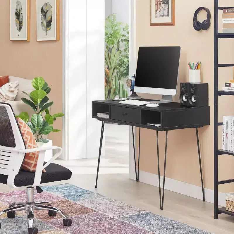 39.3 Computertisch für das Homeoffice, Schreibtisch mit Schubladen, Schwarz/Braun/Grau