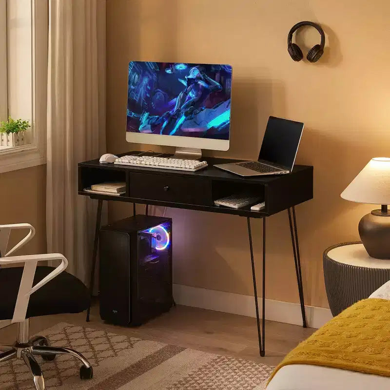 39.3 Computertisch für das Homeoffice, Schreibtisch mit Schubladen, Schwarz/Braun/Grau