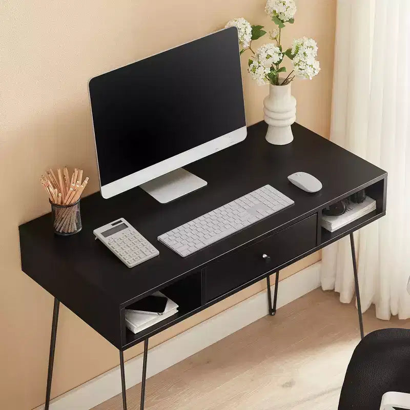 39.3 Computertisch für das Homeoffice, Schreibtisch mit Schubladen, Schwarz/Braun/Grau