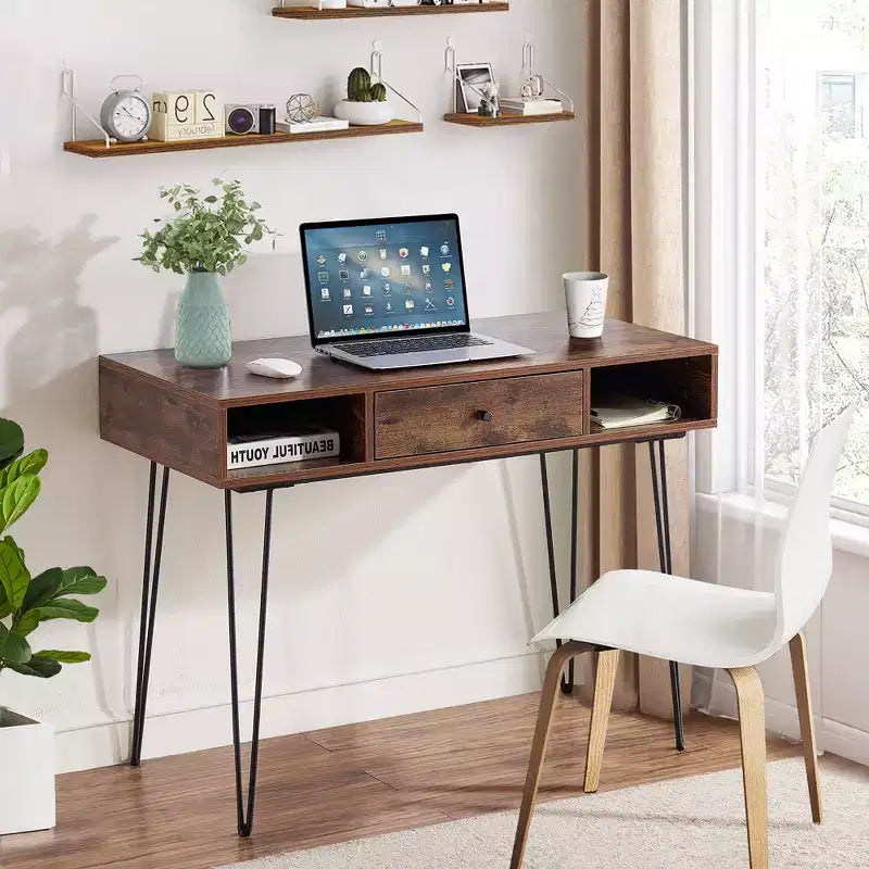 39.3 Computertisch für das Homeoffice, Schreibtisch mit Schubladen, Schwarz/Braun/Grau