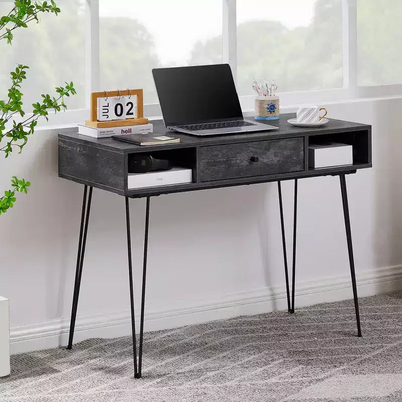 39.3 Computertisch für das Homeoffice, Schreibtisch mit Schubladen, Schwarz/Braun/Grau