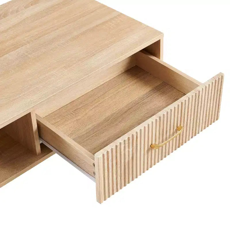 41W Couchtisch, Beistelltisch mit Schiebeschublade, Beinen aus Massivholz und verstellbaren PVC-Füßen, Natur/Weiß/Walnuss