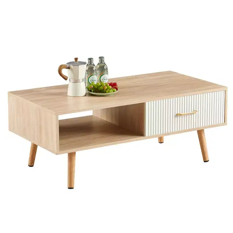 41W Couchtisch, Beistelltisch mit Schiebeschublade, Beinen aus Massivholz und verstellbaren PVC-Füßen, Natur/Weiß/Walnuss