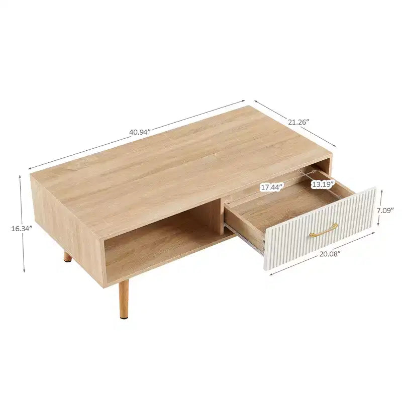 41W Couchtisch, Beistelltisch mit Schiebeschublade, Beinen aus Massivholz und verstellbaren PVC-Füßen, Natur/Weiß/Walnuss