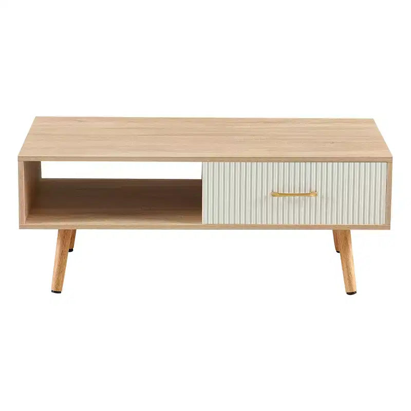 41W Couchtisch, Beistelltisch mit Schiebeschublade, Beinen aus Massivholz und verstellbaren PVC-Füßen, Natur/Weiß/Walnuss
