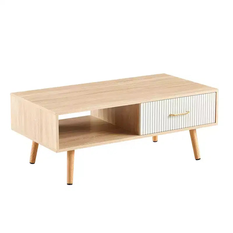 41W Couchtisch, Beistelltisch mit Schiebeschublade, Beinen aus Massivholz und verstellbaren PVC-Füßen, Natur/Weiß/Walnuss