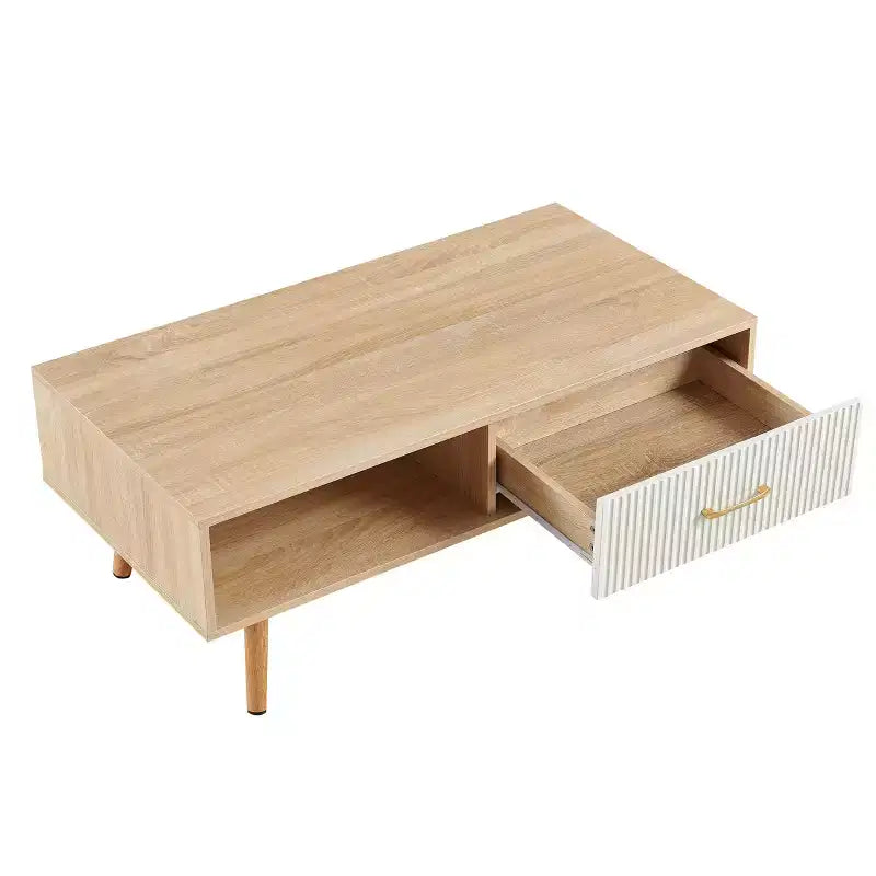 41W Couchtisch, Beistelltisch mit Schiebeschublade, Beinen aus Massivholz und verstellbaren PVC-Füßen, Natur/Weiß/Walnuss