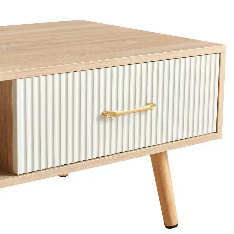 41W Couchtisch, Beistelltisch mit Schiebeschublade, Beinen aus Massivholz und verstellbaren PVC-Füßen, Natur/Weiß/Walnuss