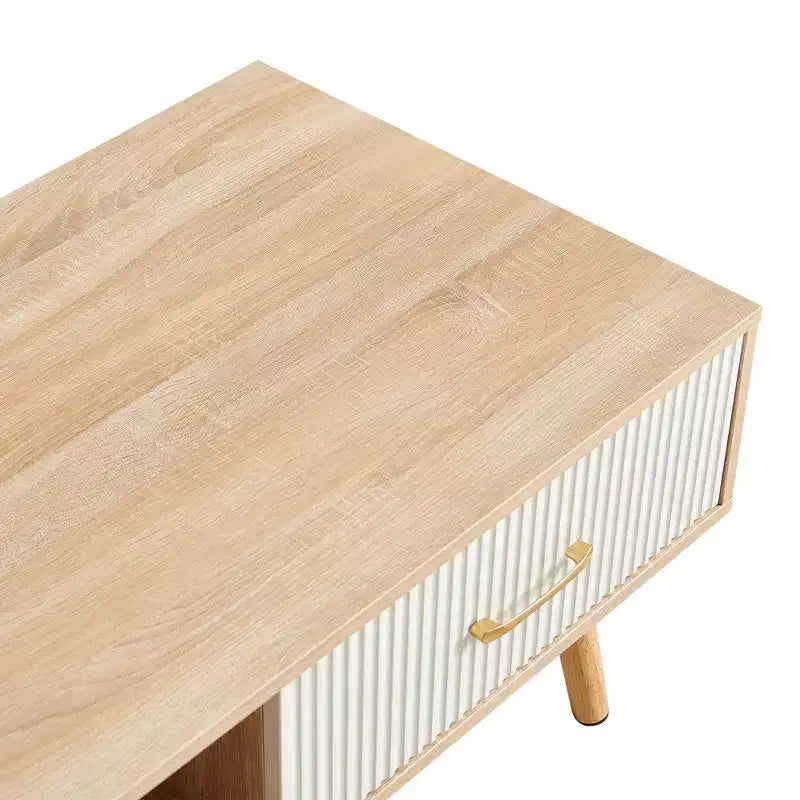 41W Couchtisch, Beistelltisch mit Schiebeschublade, Beinen aus Massivholz und verstellbaren PVC-Füßen, Natur/Weiß/Walnuss