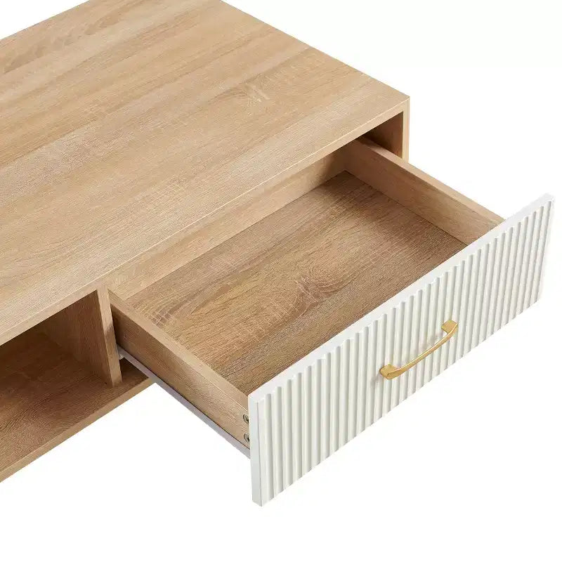 41W Couchtisch, Beistelltisch mit Schiebeschublade, Beinen aus Massivholz und verstellbaren PVC-Füßen, Natur/Weiß/Walnuss