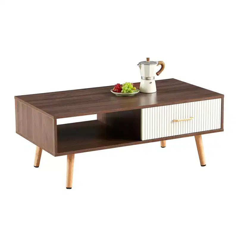 41W Couchtisch, Beistelltisch mit Schiebeschublade, Beinen aus Massivholz und verstellbaren PVC-Füßen, Natur/Weiß/Walnuss