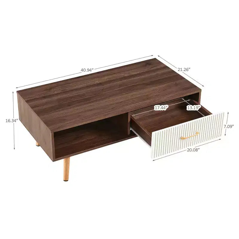 41W Couchtisch, Beistelltisch mit Schiebeschublade, Beinen aus Massivholz und verstellbaren PVC-Füßen, Natur/Weiß/Walnuss