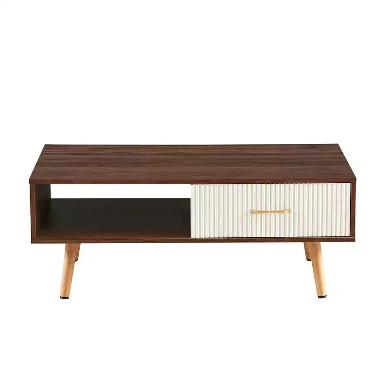 41W Couchtisch, Beistelltisch mit Schiebeschublade, Beinen aus Massivholz und verstellbaren PVC-Füßen, Natur/Weiß/Walnuss