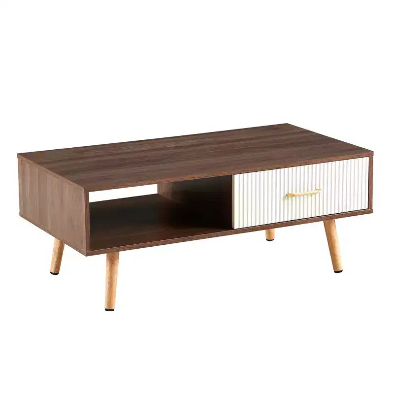 41W Couchtisch, Beistelltisch mit Schiebeschublade, Beinen aus Massivholz und verstellbaren PVC-Füßen, Natur/Weiß/Walnuss