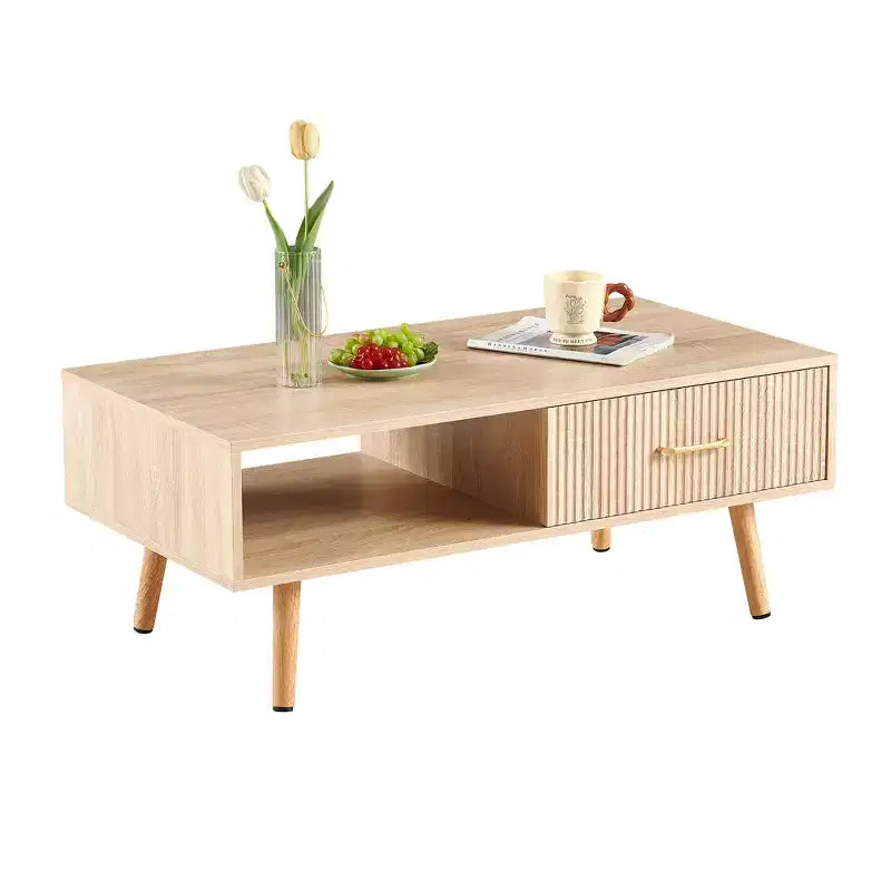 41W Couchtisch, Beistelltisch mit Schiebeschublade, Beinen aus Massivholz und verstellbaren PVC-Füßen, Natur/Weiß/Walnuss