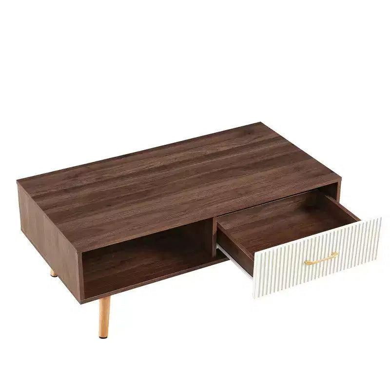 41W Couchtisch, Beistelltisch mit Schiebeschublade, Beinen aus Massivholz und verstellbaren PVC-Füßen, Natur/Weiß/Walnuss
