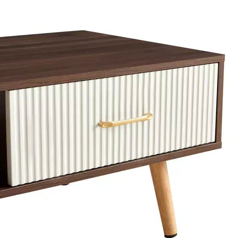 41W Couchtisch, Beistelltisch mit Schiebeschublade, Beinen aus Massivholz und verstellbaren PVC-Füßen, Natur/Weiß/Walnuss