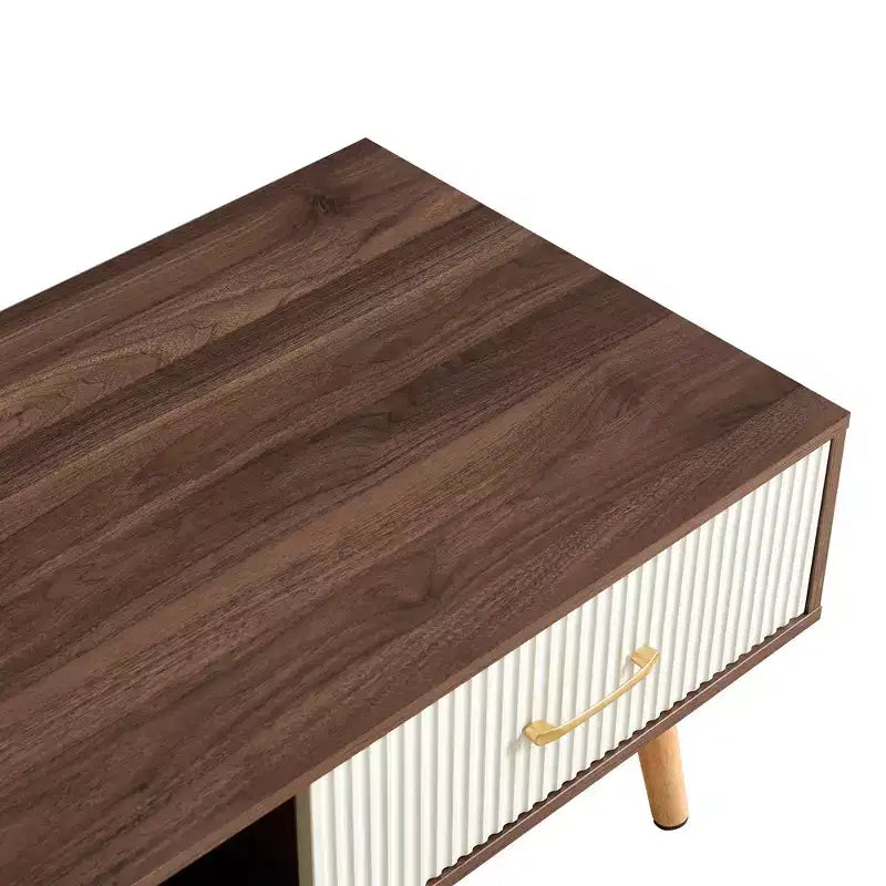 41W Couchtisch, Beistelltisch mit Schiebeschublade, Beinen aus Massivholz und verstellbaren PVC-Füßen, Natur/Weiß/Walnuss