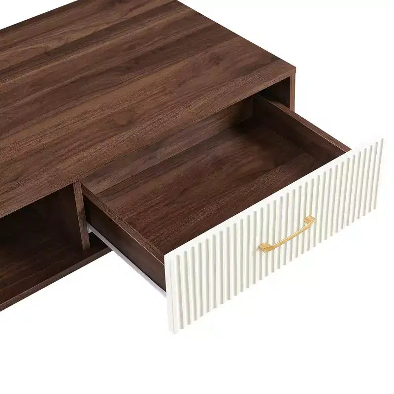 41W Couchtisch, Beistelltisch mit Schiebeschublade, Beinen aus Massivholz und verstellbaren PVC-Füßen, Natur/Weiß/Walnuss