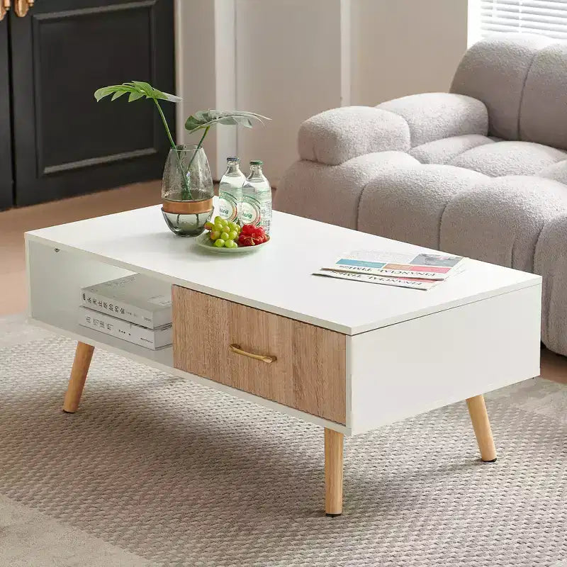 41W Couchtisch, Beistelltisch mit Schiebeschublade, Beinen aus Massivholz und verstellbaren PVC-Füßen, Natur/Weiß/Walnuss