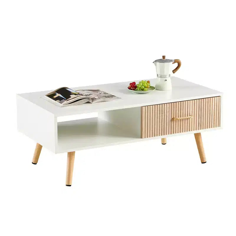 41W Couchtisch, Beistelltisch mit Schiebeschublade, Beinen aus Massivholz und verstellbaren PVC-Füßen, Natur/Weiß/Walnuss