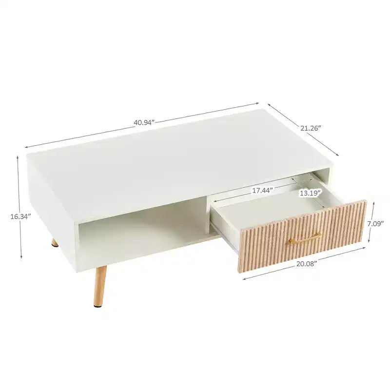41W Couchtisch, Beistelltisch mit Schiebeschublade, Beinen aus Massivholz und verstellbaren PVC-Füßen, Natur/Weiß/Walnuss