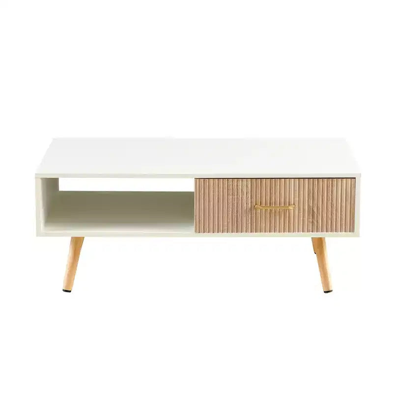41W Couchtisch, Beistelltisch mit Schiebeschublade, Beinen aus Massivholz und verstellbaren PVC-Füßen, Natur/Weiß/Walnuss