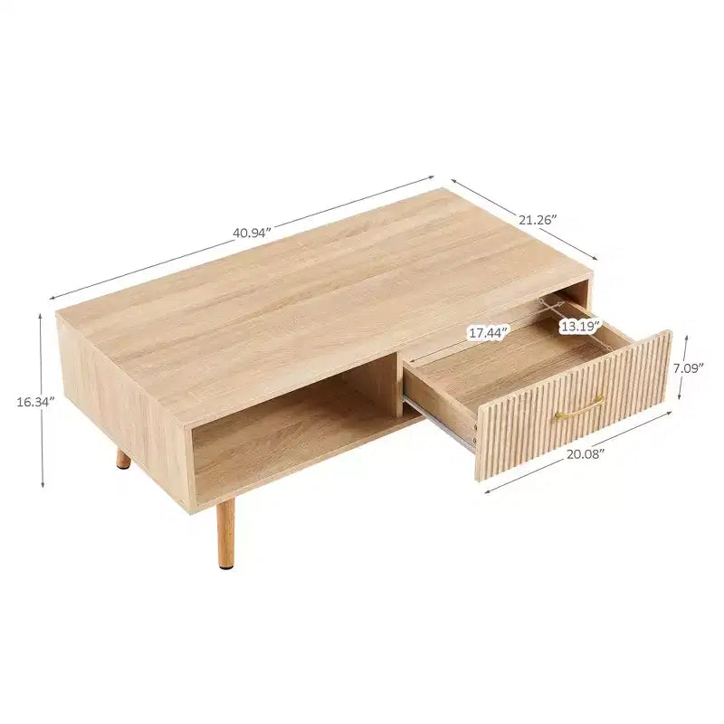41W Couchtisch, Beistelltisch mit Schiebeschublade, Beinen aus Massivholz und verstellbaren PVC-Füßen, Natur/Weiß/Walnuss