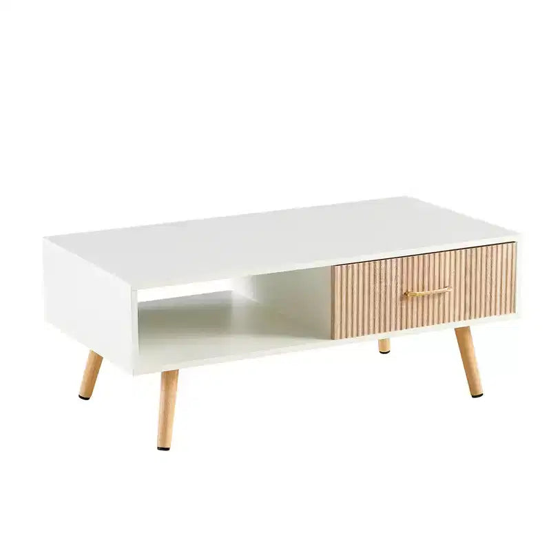 41W Couchtisch, Beistelltisch mit Schiebeschublade, Beinen aus Massivholz und verstellbaren PVC-Füßen, Natur/Weiß/Walnuss