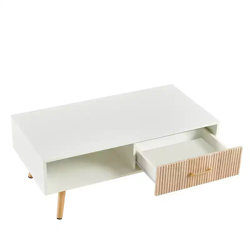 41W Couchtisch, Beistelltisch mit Schiebeschublade, Beinen aus Massivholz und verstellbaren PVC-Füßen, Natur/Weiß/Walnuss